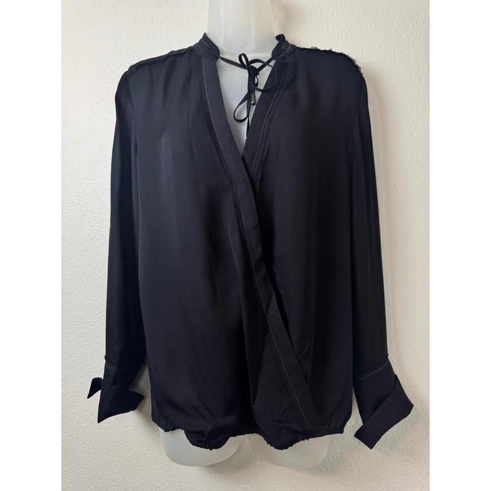 Brochu Walker Black 100% Silk Tie Neck Wrap Blouse Raw Edge Trim Small Chic